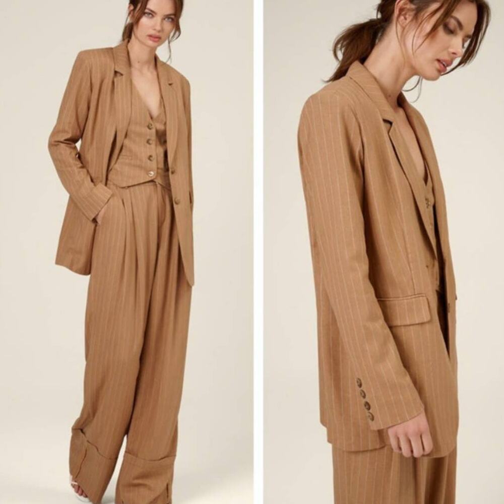 Nicholas Charlee Pinstripe Oversized Linen Blazer Career Caramel Tan size 2 NWT - Picture 3 of 13